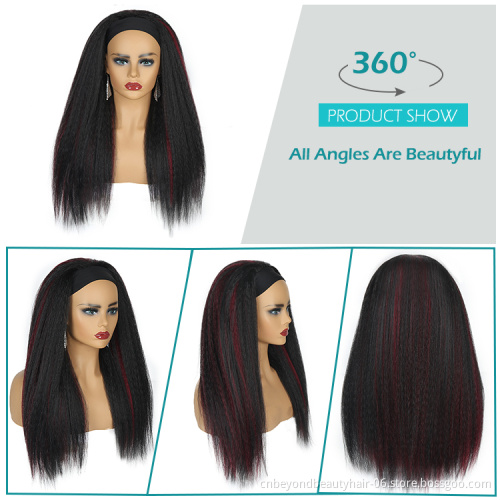Kinky Straight Headband Wig Yaki Synthetic Hair Wig For Black Women  Glueless Full  Machine Made Wigs With Headband